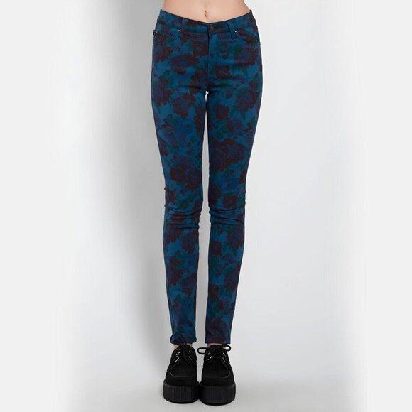 Tripp NYC High-Waisted Skinny Jeans Teal Floral Stretch Twill Alt Garden Goddess - Picture 2 of 5